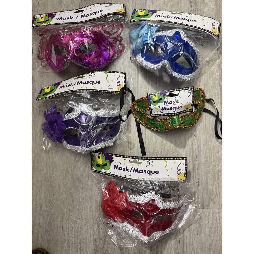 Lot of 5 Mardi Gras Masquerade Feather Sequin and Masks ~ New
